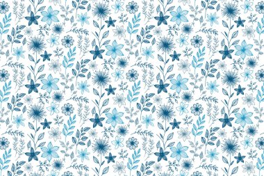Modern moda ve yastık kumaşları için kusursuz bir tekrara sahip zarif gül ve yaprak hatlarıyla mavi çiçekli desen.