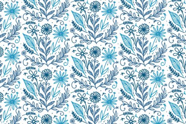 Sürekli çizgiler halinde mavi renkli çiçek desenleri, çizilmiş çiçekler ve mutfak giysileri ve ambalaj kağıdı tasarımları için yapraklar.