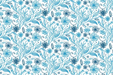 Modern tekstil ve masa üstü tasarımı için asgari gül ve yaprak çizimleriyle modası geçmiş mavi çiçekli desen