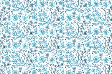 Şık mavi bir çizgi çiçek ve yaprak deseni, yatak örtüsü kumaşı ve modaya uygun duvar kağıdı örtüsü tasarımını tekrarlar.