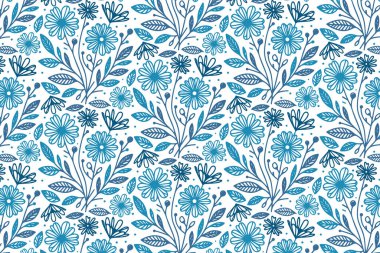 Modern ev tekstili ve masa kumaşı için pamuk çiçeklerinin zarif çizimleriyle minimalist mavi çiçekli bir desen.