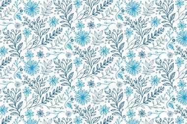 Modaya ve ambalaja ilham veren, zarif yaprakları ve doğası olan mavi, çiçeksiz çizgili sanat deseni.