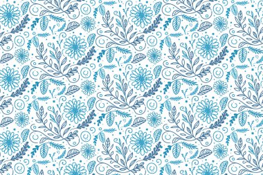 Artistik mavi çiçek desenli. Süreklilik stili gül karalamaları ve kadınlar için yapraklar. Giyin ve giyin.