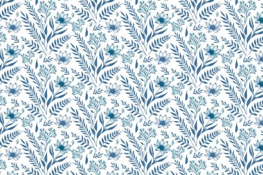 Modern mavi çiçek eskiz deseni, kadınlar için aralıksız çizgi çizimi sanat tarzında kumaş baskısı ve mutfak tekstili giyerler.