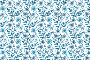 Modaya uygun çarşaf örtüsü ve ambalaj kağıdı için minimalist elle çizilmiş mavi çiçek deseni.