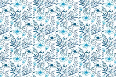 Modern duvar kâğıdı ve kumaş tasarımı için aralıksız gül ve yaprak hatları içeren zarif mavi bir çizgi.