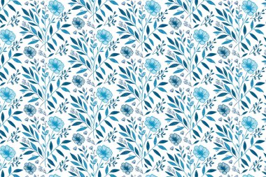 Moda tekstil baskısı ve ev aksesuarları için el yapımı çiçek çizimleri ve pamuk yapraklarıyla kusursuz mavi çiçek deseni.