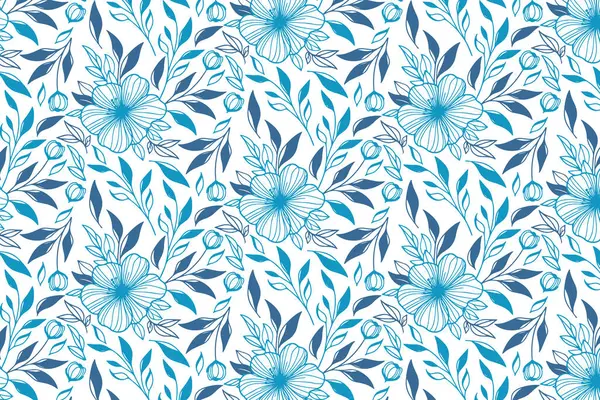 Ev tekstil moda ve ambalajlama için zarif çizimler içeren kesintisiz çizgili sanat mavisi çiçek deseni