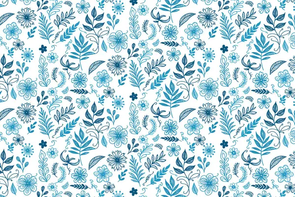 Modern ev tekstil masa örtüleri ve kumaş ambalajları için kesintisiz çizimler içeren mavi çiçekli kusursuz tasarım.