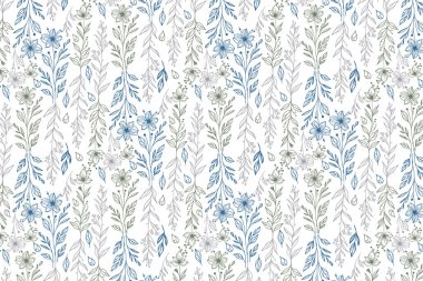 Döşeme kumaşı, moda kıyafetleri ve planlamacı defterleri için süregelen çizgi yapraklarından esinlenilmiş kusursuz çiçek deseni.