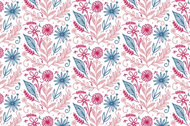 Yatak örtüsü, kırtasiye malzemeleri, taşınabilir çantalar ve çantalar için soyut çiçek çizimleriyle kusursuz desenler çizilmiş.