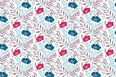 Kumaş örnekleri için süslü çiçek çizimleriyle kusursuz desenli kumaş ve moda baskıları paketleyen planlayıcı aksesuarlar.