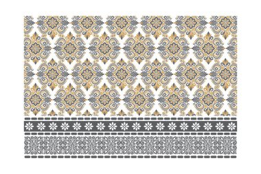 Moda kadınlarının kumaşı ve ambalajı için klasik etnik dokuya sahip sınır dekorasyonu ile süssüz desenli süs çiçekleri.