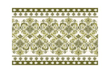 Etnik sınır motiflerine ve ambalaj kağıdı ve yüzey tasarımı için klasik botanik çizimlerine sahip süs çiçekleri olmayan desen