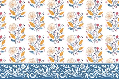 Çiçekli nakış tasarımı. Tek bir sınır çizgisi. Kusursuz botanik tekrarı. El yapımı taç yaprağı çizimi. tekstil çiçek dokusu minimal