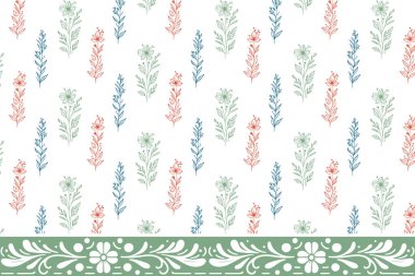 Bir çizgi çiçek çizimi. Kusursuz sınır düzeni. El yapımı botanik doku. İşlemeli taç yaprağı. Tekstil tekrar tasarımı. Çiçek asgari