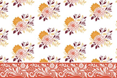 Bir sıra çiçekli sınır tasarımı. Kusursuz nakış deseni. Botanik tekerrür dokusu. El yapımı taç yaprağı çizimi. modern tekstil çiçekleri