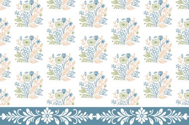 Sınır çiçekli nakış tasarımı. Kusursuz bir yaprak deseni. El çizimi botanik çizimi. Tekstil dokusunu tekrarla. Minimum çiçek çizgisi