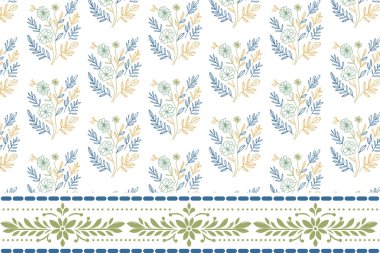 Bir sıra sınır çiçekli sanat eseri. Kusursuz nakış tekrar ediyor. Botanik yaprak tasarımı. El çizimi desen. tekstil asgari çiçek çizgisi