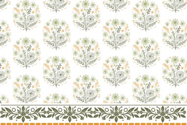 Bir sıra çiçek deseni. Kusursuz nakışlı eskiz. Botanik tekrar tasarımı. El yaprağı deseni. Tekstil en az sanat eseri. Çiçek çizgisi