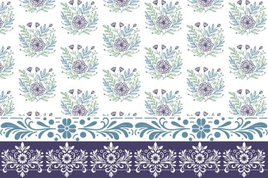 Çiçek desenli nakış. Bir sıra sınır tasarımı. Kusursuz taç yaprağı çizimi. El yapımı botanik doku. Tekstil sanatını tekrar et. modern çiçek.