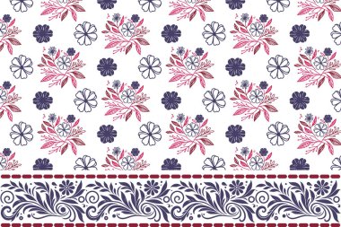 Sınır nakışı eskizi. Bir sıra çiçek tekrarı. Kusursuz desen tasarımı. El yapımı botanik doku. Tekstil sanatı. asgari taç yaprağı çizgisi