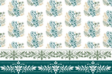Kusursuz bir çiçek sergisi çizimi. Sınır nakış deseni. El yapımı botanik tasarımı. Tekstil dokusunu tekrarla. Minimum çiçek çizimi deseni