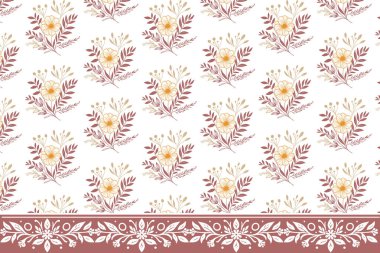 Nakış işlemeli sınır çiçeği çizimi. Kusursuz bir çizgi deseni. El yaprağı çizimi. Tekstil çiçek tasarımı. Botanik taslak tekrarı. asgari doku