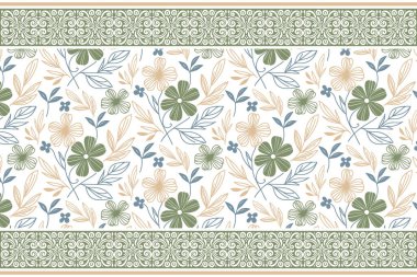 Sınır desenli. Çiçek çizimi tekrarlanıyor. Nakış, tekstil sanatı. Kusursuz bir tasarım. El çizimi yapraklar. Botanik anahat elementleri