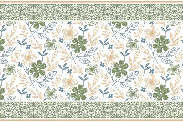 Sınır desenli. Çiçek çizimi tekrarlanıyor. Nakış, tekstil sanatı. Kusursuz bir tasarım. El çizimi yapraklar. Botanik anahat elementleri