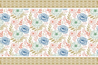 Kusursuz tasarım. Kenar çiçek deseni. Bir çizgi yaprak çizimi. Nakış eskizini tekrar et. Tekstil çizimi. modern botanik elementleri