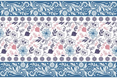 Çiçek desenli çizim. Sınır tekrar elementleri Bir çizgi nakışlı sanat eseri. Kusursuz tekstil taslağı. El çizimi yapraklar. Botanik doku tasarımı