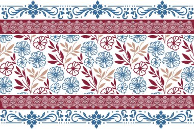 Çiçekli tekstil tasarımı. Bir çizim tekrarlanıyor. İşlemeli sınır deseni. Kusursuz taç yaprağı dokusu. El çizimi taslak. Botanik sanat öğeleri