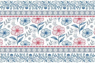 Kusursuz çizim kalıbı. sınır taçyaprağı tasarımı. İşlemeli bir sanat eseri. Tekstil çiçek dokusu. El çizimi taslak. Botanik tekrarlama elementleri