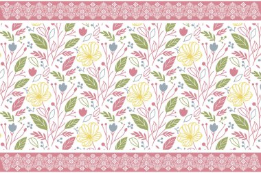 Çiçeksel çizim taslağı. Sınır nakış deseni. Kusursuz tekstil tekrarı. Bir çizgi yaprak çekti. Botanik doku çalışmaları. asgari tasarım ögeleri