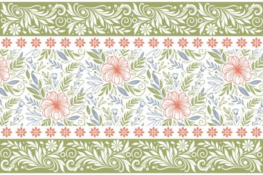 Çiçeksel kenar dokusu. Kusursuz nakış tekrar ediyor. Tekstil bir taslak. Taslak yaprak çizimi. Botanik tasarım modeli. el çizimi ögeler