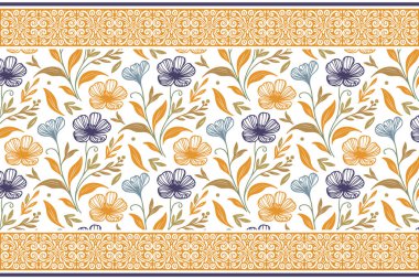 tekrar eden desenli nakış. Bir sıra çiçek sergisi. Tekstil sınır tasarımı. Taç yaprağı çizimi. Kusursuz botanik çizgisi. modern asgari doku