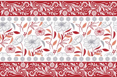 Çiçek desenli nakış. Sınır çizimi. Kusursuz tekstil sanat eseri. Bir çizgi yaprak tasarımı. Ana hatlı botanik doku. modern tekrarlama ögeleri