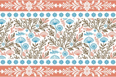 Yaprak tekrarlama deseni. Kusursuz çiçekli nakış nakışı. Bir çizim tasarımı. Sınır tekstil sanatı. Modern taslak dokusu. El çizimi botanik elementler