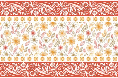 Kusursuz tekstil eskizi. Çiçeksel sınır deseni. Bir çizgi yaprak çekti. Nakış deseni deseni. Botanik tasarım tekrarı. modern el çizimi ögeler