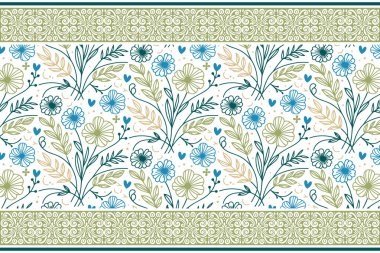 Özet tekrar nakış. Çiçeksel çizim dokusu. Kusursuz bir tasarım. Tekstil botanik deseni. Yaprak yaprağı çizilmiş. sınır modern sanat eserleri
