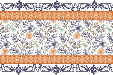 Kusursuz taç yaprağı nakışı. Bir sıra sınır tasarımı. Botanik çizimi tekrarlanıyor. Tekstil çizimi. Çiçek desenli doku. özet asgari ögeler