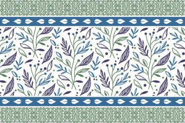 Tekstil sınır modeli. Çiçeksel tekrar dokusu. Bir çizgi nakış eskizi. Asgari yaprak çizimi. Botanik tasarım. El çizimi pürüzsüz elementler