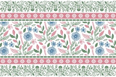 Taslak çizimi. Kusursuz nakış tasarımı. Çiçek desenli kenar. Bir çizgi yaprak elementleri. Tekstil el çizimi. modern botanik tekrarı