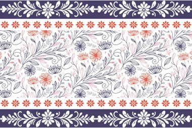 Minimum model sınırı. Çiçek nakışı tekrarlanıyor. Bir çizgi yaprak çizimi. Kusursuz tekstil sanat eseri. Botanik el yapımı tasarım. özet modern elementler