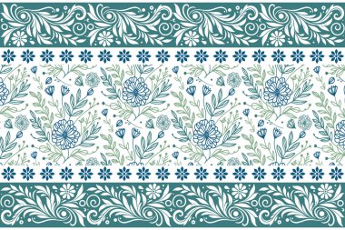 Sınır çizimi çizimi. Kusursuz çiçekli nakış nakışı. Bir çizgi deseni tekrarlanıyor. Tekstil el çizimi. Ana hatlarıyla botanik yaprakları. asgari tasarım ögeleri