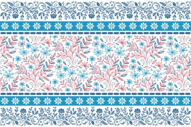 Çiçek dokusu tekerrür ediyor. Bir çizgi nakış eskizi. Kusursuz bir sınır. Tekstil yaprağı tasarımı. Botanik taslak çizimi. el çizimi modern biçim