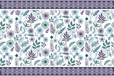 Çiçeksel çizim taslağı. Kusursuz nakış tekrar ediyor. Tek bir sınır çizgisi. Tekstil yaprağı elementleri. El yapımı botanik tasarımı. Zarif sanat eseri dokusu