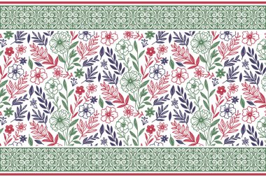 Bir çizim tasarımı. Çiçekli nakış deseni. Kusursuz sınır unsurları. El yaprağı deseni. Tekstil çizimi. Botanik yineleme biçimi