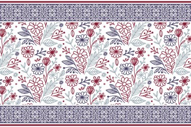 Çiçekli sınır çizimi. Tekstil nakış deseni. Kusursuz yaprak çizgisi. Bir çizgi modern doku. Botanik el yapımı tasarım. en az tekrarlanan resim